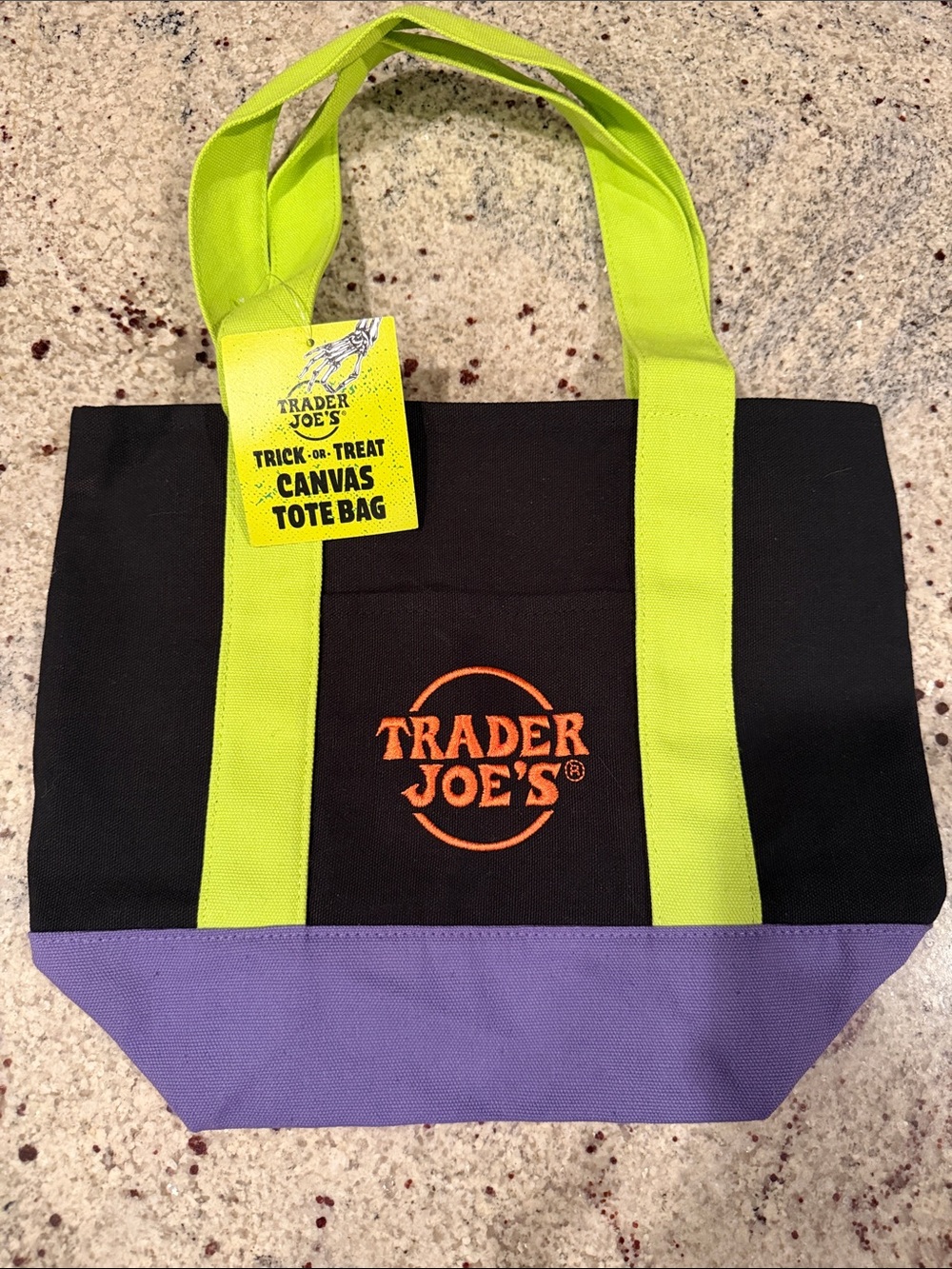 Trader Joe's Black Canvas Tote with Lime Green Straps and Purple Base